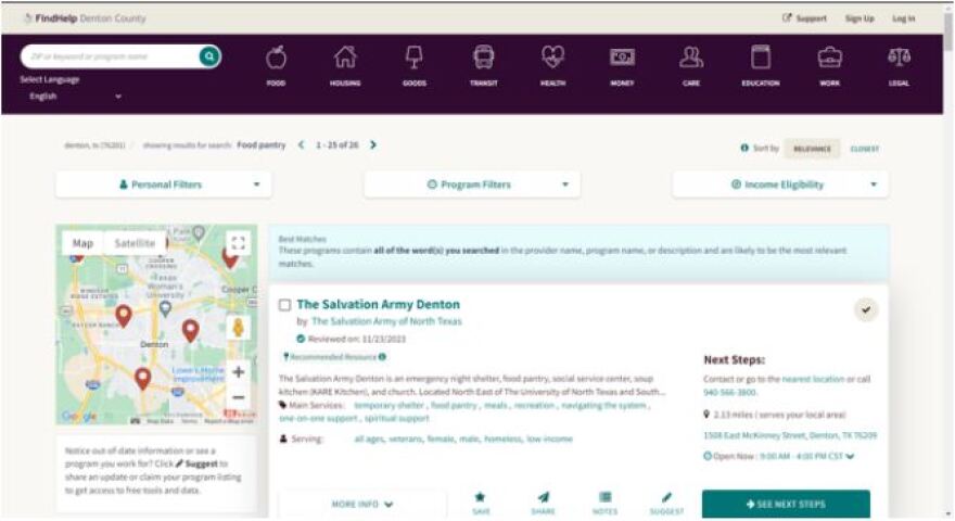 Using FindHelp Denton County, residents can type in their ZIP code and a keyword, like “food pantry,” and they will get multiple results and contact information.