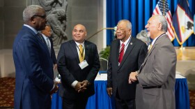 Pictured: From left, Gov. Albert Bryan Jr., of the U.S. Virgin Islands, talks with Lt. Gov. Josh Tenorio of Guam; Gov. David Apatang of the Northern Mariana Islands; and Gov. Pulaali'i Tuiteleleapaga Iuli Nikolao Pula of American Samoa during the senior plenary session of the Interagency Group on Insular Areas at the U.S. Department of the Interior in Washington in September.