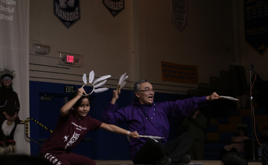 Pamyua members invite their familes onto the Cama'i stage on March 27, 2026 in Bethel, Alaska.