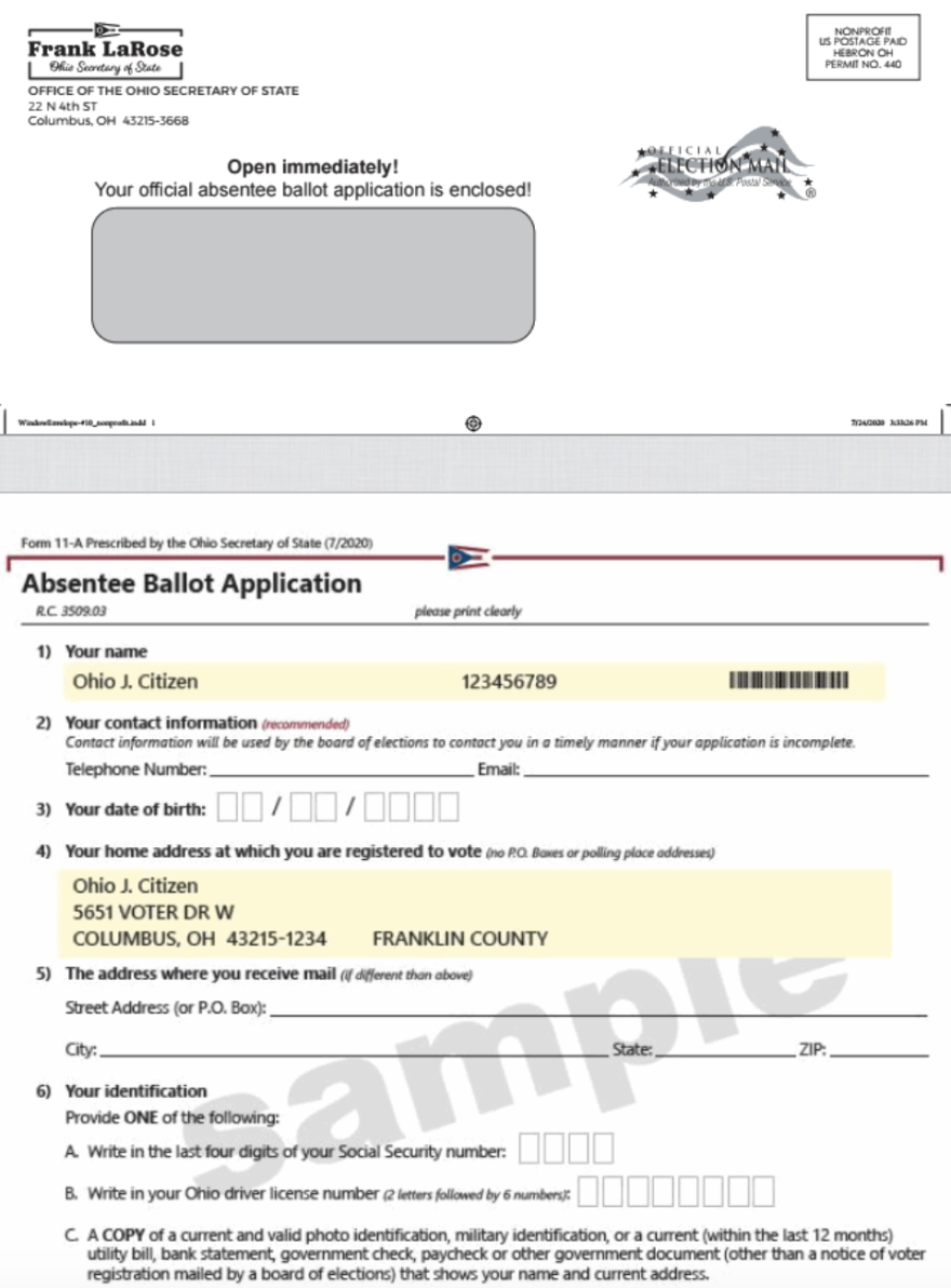 Sample of absentee ballot request form mailed to Ohio voters