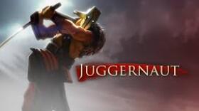 Image of a powerful fictional character with helmet, swinging a sword, word: Juggernaut.