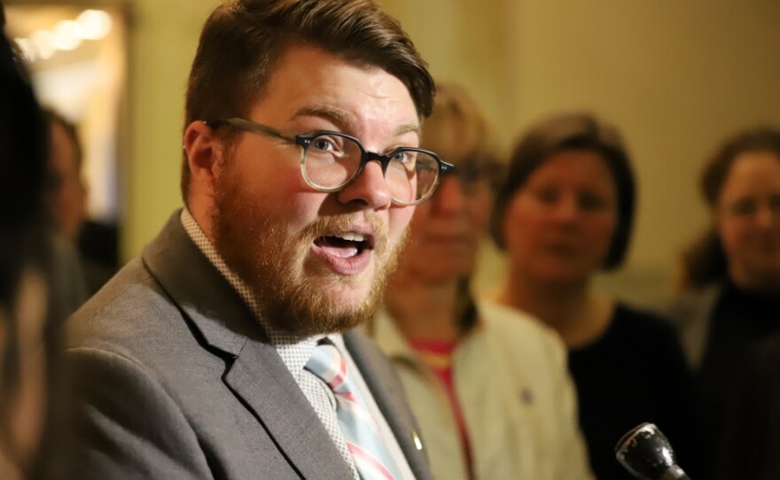 Massachusetts Transgender Political Coalition interim executive director Ev Evnen lauded the bill's passage outside the Massachusetts Senate Chamber. 