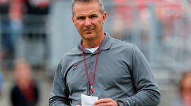 Ohio State coach Urban Meyer watches Ohio State during its spring game on April 14, 2018 in Ohio Stadium.