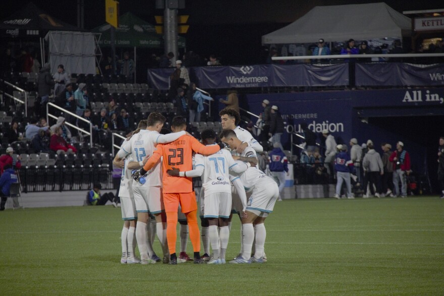 Spokane Velocity huddle before their semi-final game at home, which they won in a nail-biter shootout. Now, one game stands between them and winning the whole thing.