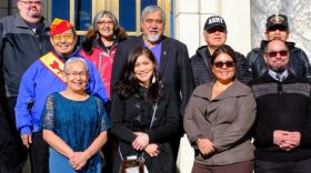 Representatives from Sealaska Heritage, Alaska Native Brotherhood, Central Council of Tlingit & Haida and descendants of the five known Tlingit code talkers on the steps of the capitol on Wednesday. (Photo courtesy of Central Council of Tlingit & Haida Tribes)