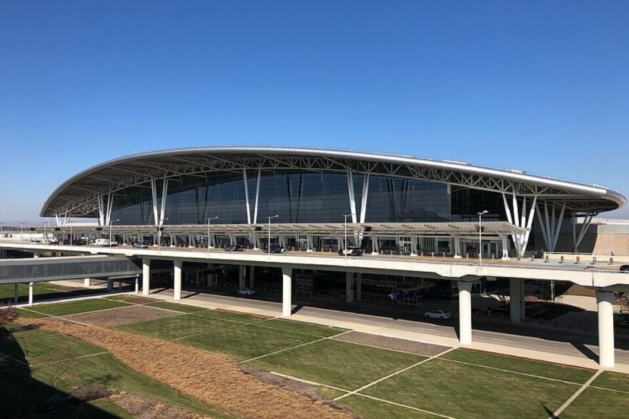 Indianapolis International Airport's Colonel H. Weir Cook Terminal, looking northeast from the airport's parking structure.