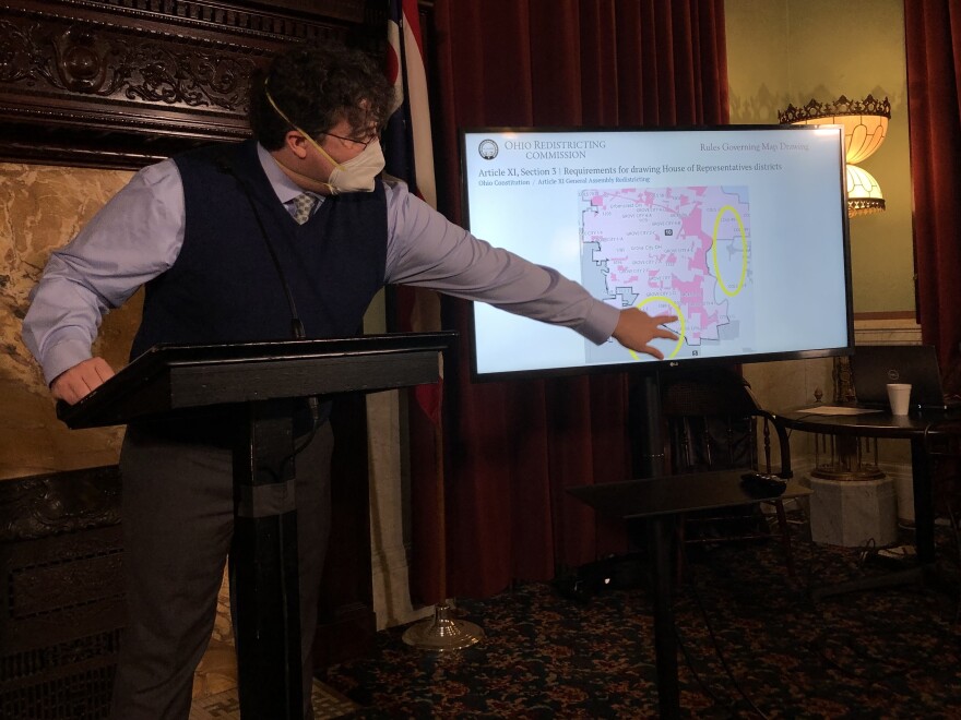 Chris Glassburn, mapmaker for Democratic commissioners, explains changes to proposed House and Senate maps.