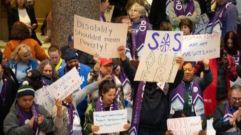 Advocates gather for Disability Day at the Minnesota State Capitol in St. Paul on Tuesday, March 24, 2026, where community members and service providers met with lawmakers to discuss proposed cuts to disability services.