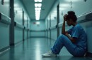 Black nurse sits on hospital floor looking sad tired. Woman worker experiences burnout in hallway. Emotional strain affects healthcare staff wellbeing. Staff exhaustion leads to mental health crisis.