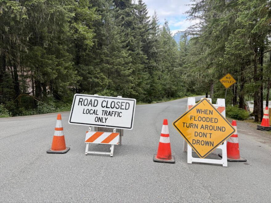 Roads leading to homes near the banks of the Mendenhall River are closed ahead of glacial lake outburst flood in August. (Peter O’Dowd/Here & Now)