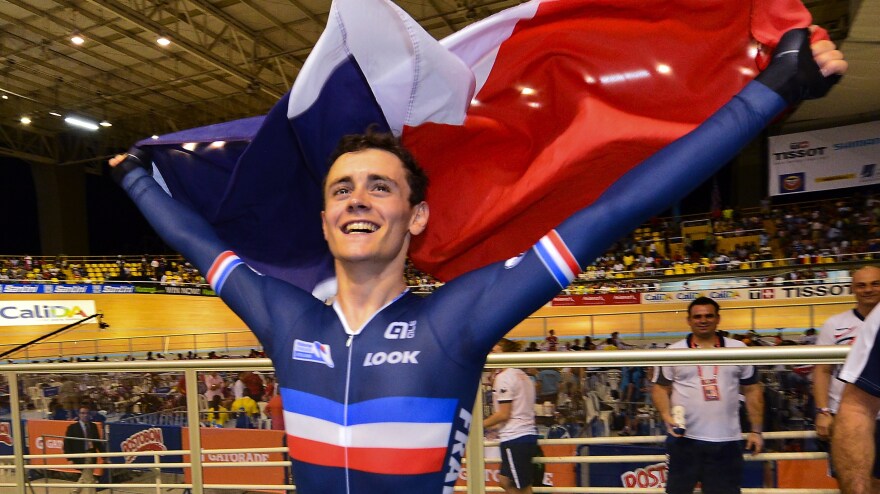 French cyclist Thomas Boudat celebrates his win at the track world championships last month. Critics of the new U.S. soccer uniform say it too closely resembles the French flag.
