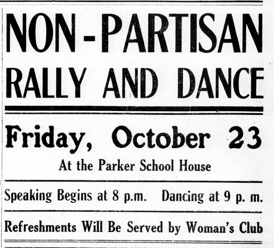 an ad in the Oct. 23, 1914 edition of the Parker Post advertising a nonpartisan dance