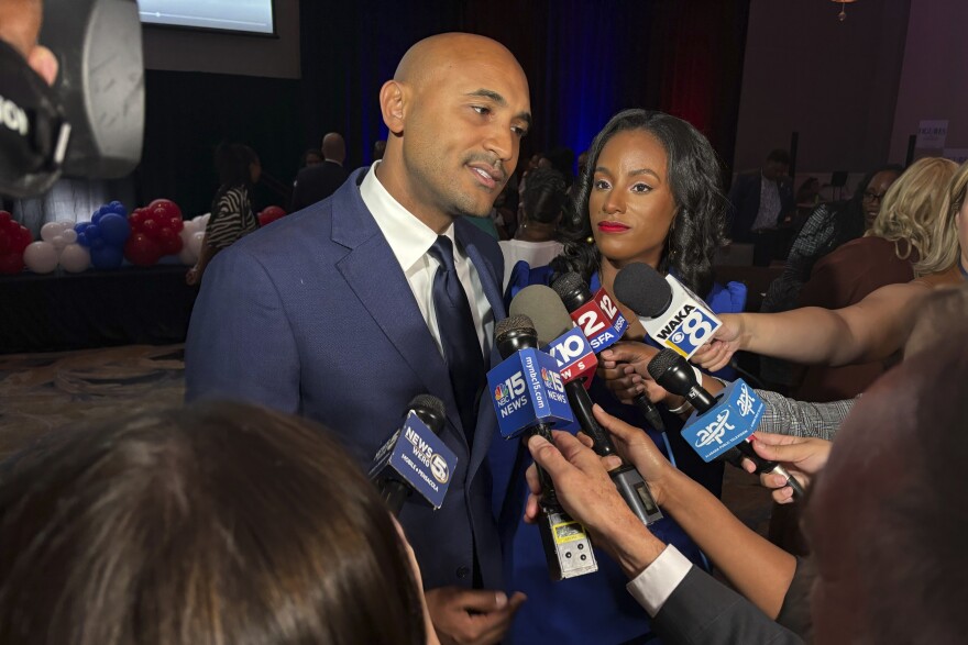 Alabama House Shomari Figures speaks with reporters in Mobile, Ala., on Tuesday, Nov. 5, 2024, before being announced as the winner of Alabama's 2nd Congressional District. (AP Photo/Kim Chandler)