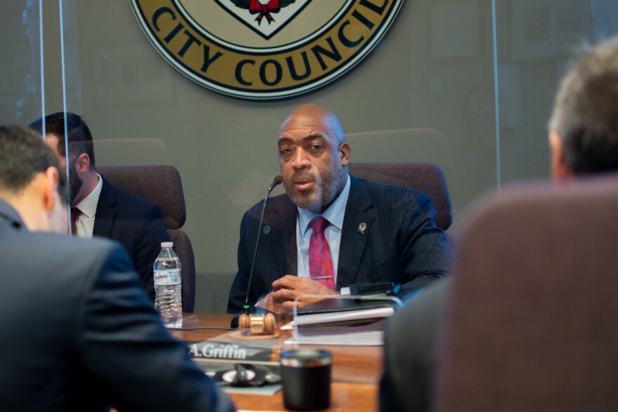 Cleveland City Council President Blaine Griffin sits across the table from members of Mayor Justin Bibb's administration during budget hearings in March.