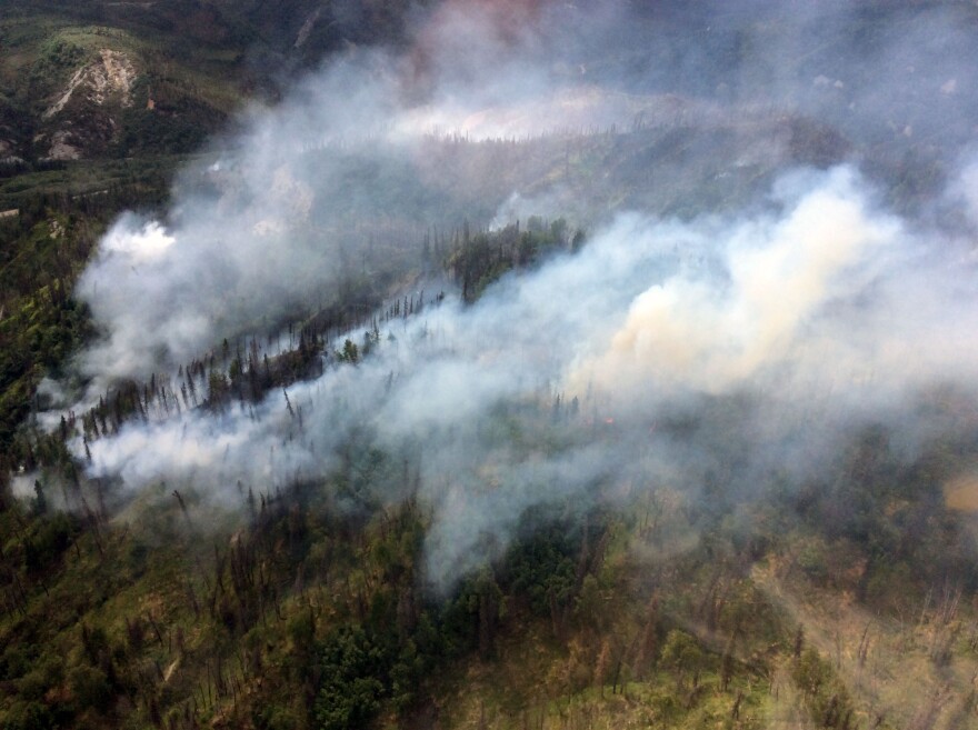 An aerial photo taken Tuesday of the Louise Creek Coal Seam 2018 Fire about 5 miles northeast of Healy. (Teo Fusco/Alaska Division of Forestry)