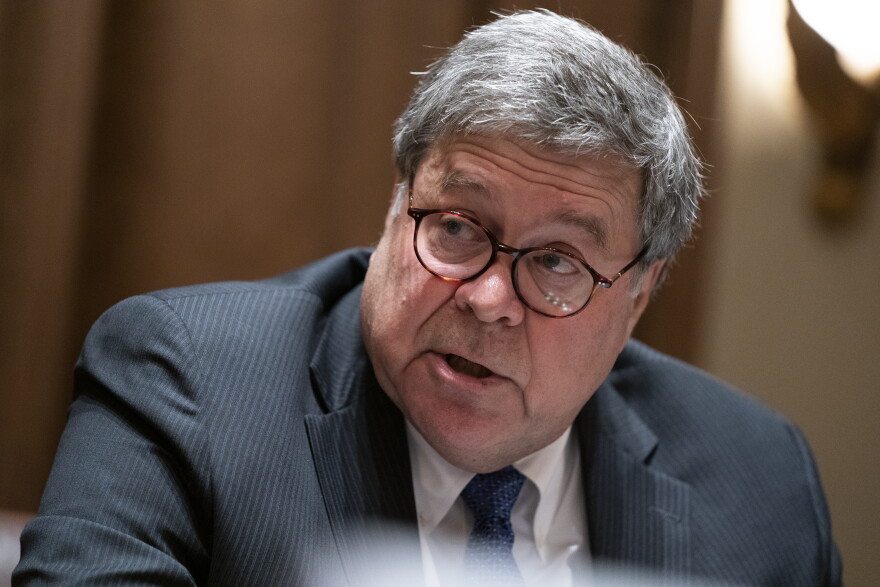 Attorney General William Barr speaks during a meeting with between President Donald Trump and Republican state attorneys general about social media companies, in the Cabinet Room of the White House, Wednesday, Sept. 23, 2020, in Washington.