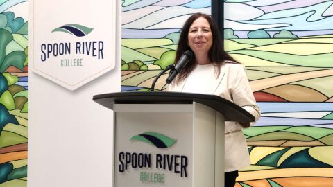 Shelley Barkley speaking at her introductory event at the Spoon River College campus in Macomb. “I’m aware at the state level that this is an institution of excellence, that this is a board of trustees of excellence, and that there’s great faculty and staff caring about students here,” she said.