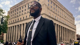 St. Louis Sheriff Alfred Montgomery observes a fire drill that paused a hearing to determine if the St. Louis Board of Aldermen could set the duties of his office at the Mel Carnahan Courthouse on Wednesday, Sept. 24, 2025, in downtown St. Louis.