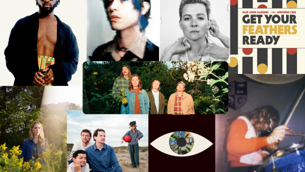 Nine album covers stacked on top of each other with one in the center, featuring different people and images on each.