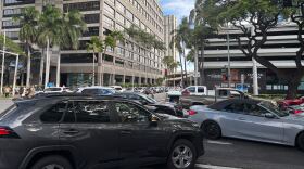 Cars try to leave the Ala Moana area in Honolulu during a tsunami warning on Tuesday, July 29, 2025.