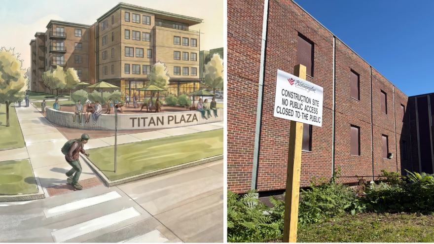 a collage showing concept art for a Titan Plaza housing development on the left. On the right, a rundown brick building 