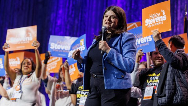 U.S. Rep. Haley Stevens speaks at the Michigan Democratic Party Endorsement Convention in Detroit, Mich., on April 19, 2026.