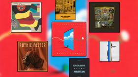 Artwork for music releases displayed in black squares frames over a blurry red and blue background.