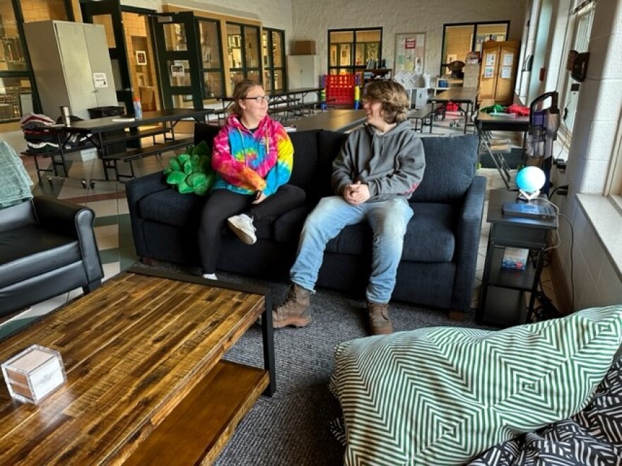 Amber Cool (left) and Jordan Devers enjoy a short break from class Wednesday in the Logger Chill Lounge.