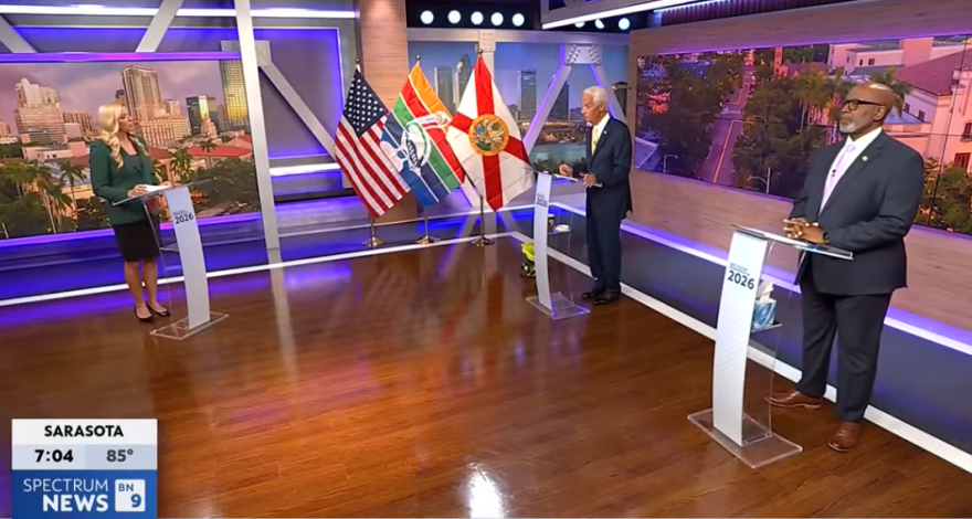 Two people debate in front of a moderator