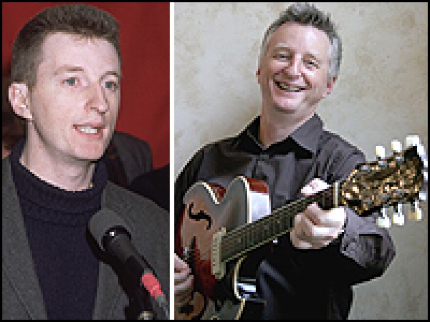 Billy Bragg at the 1985 launch of the musicians' collective Red Wedge (left), and more recently, with guitar.