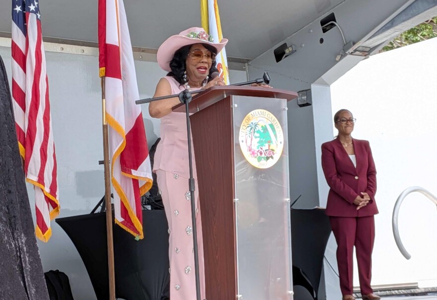 Rep. Frederica Wilson announces she is leaving Congress at a street naming ceremony in her honor in Miami Gardens on May 29, 2026.