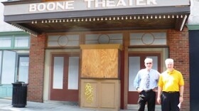 Downtown Council of Kansas City's Bill Dietrich and Arts Council of Metropolitan Kansas City's Harlan Brownlee outside the Boone Theater at 18th and Highland, Kansas City, Mo.