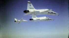 T-38 Talon training aircraft from Vance Air Force Base in Enid participating in a fly-over in Oklahoma City.