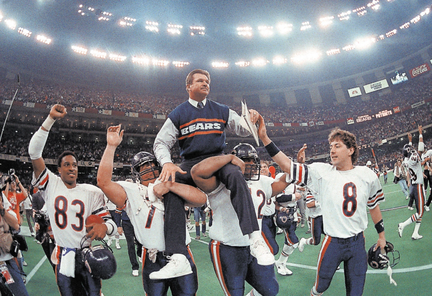 Bears head coach Mike Ditka is carried off the field by Steve McMichael, left, and William Perry after the Bears win Super Bowl XX in New Orleans on Jan. 26, 1986.