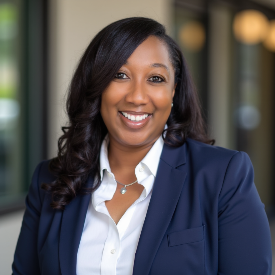 Headshot of woman in blue blazer and white shirt