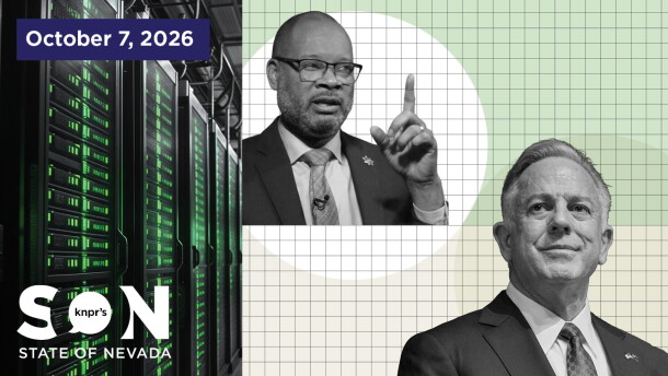 Photo illustration featuring image of Nevada Attorney General Aaron Ford, Governor Joe Lombardo, and data center computers
