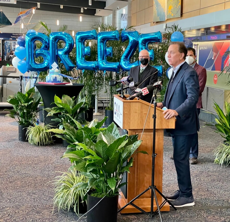 The power of incumbency: Gov. Ned Lamont welcoming Breeze Airways to Bradley International in February, an opportunity for Lamont to promote what he says is an improving business climate in Connecticut. MARK PAZNIOKAS / CTMIRROR.ORG