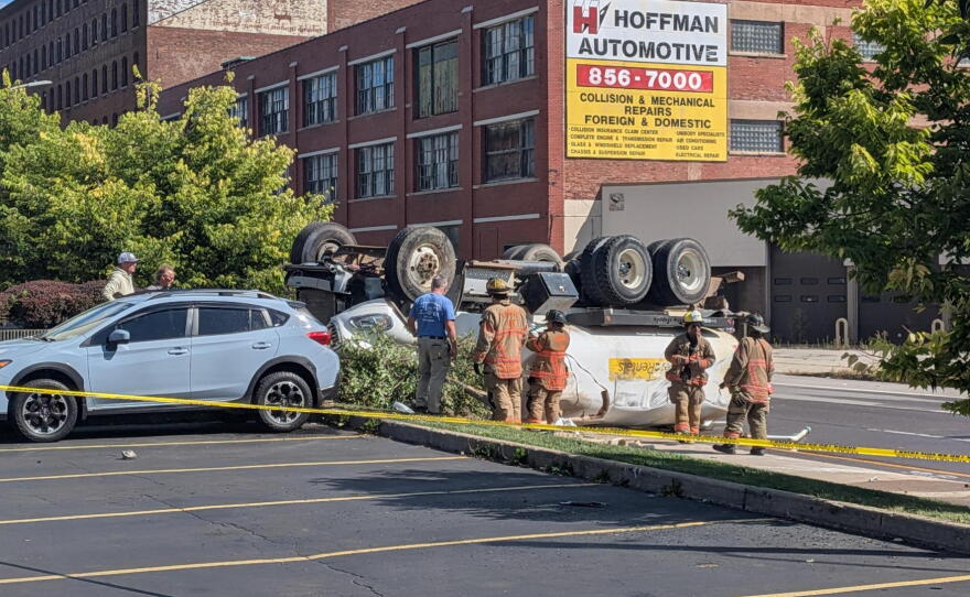 An SUV and a tanker truck carrying water collided on Broadway and Elm St. in downtown Buffalo Friday, September 18, 2026 shortly before 11:00 a.m.