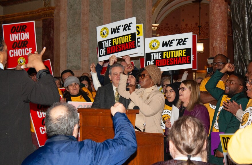 Rep. Yolonda Morris speaks at a rally with rideshare drivers in the Illinois State Capitol on Jan. 21, 2026. Drivers and lobbyists met with legislators to ask for support on a bill that would give rideshare drivers the right to unionize.