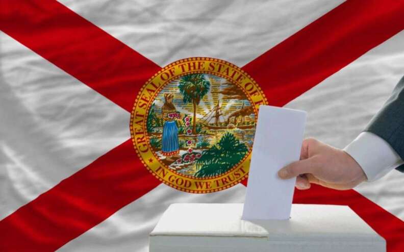 Man putting ballot in a box during elections in front of flag american state of Florida. Image credit: WUSF Public Media / iStockphoto