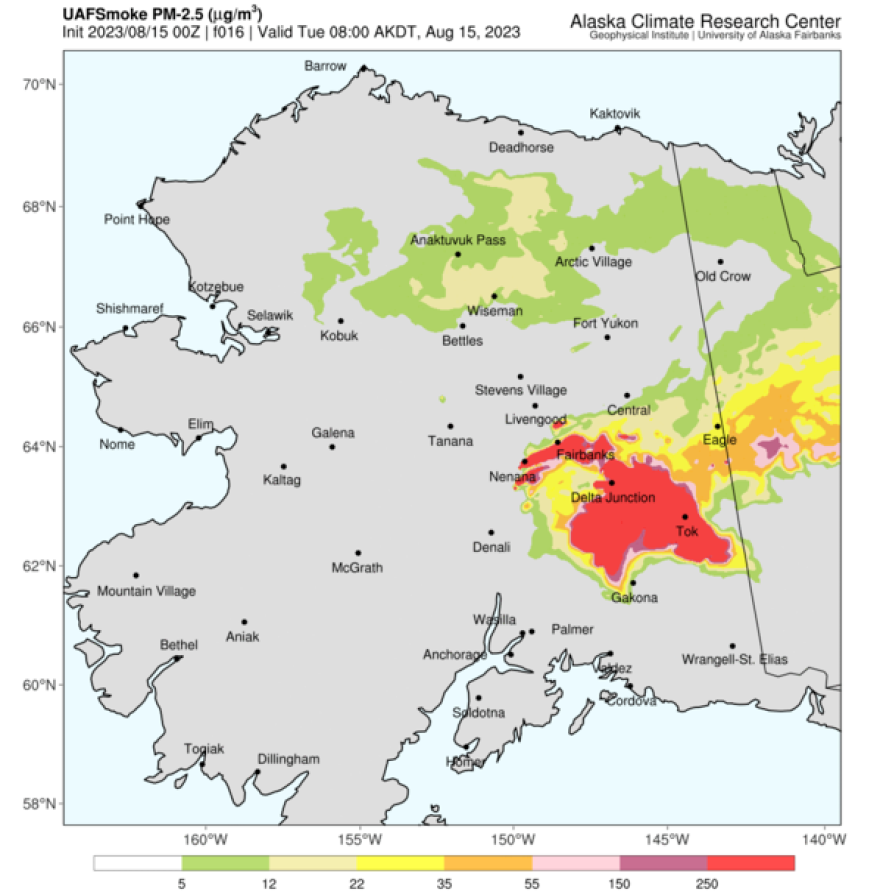 Cooler, rainy weather over the past few days has slowed the growth of wildfires around the Interior, but as this map shows, there still was a lot of smoke as of 8 a.m. today around Fairbanks extending to Tok, to the southeast, and Nenana, to the southwest. Easterly winds have pushed smoke mainly generated by wildfires in the Yukon into the North Slope of the Brooks Range.