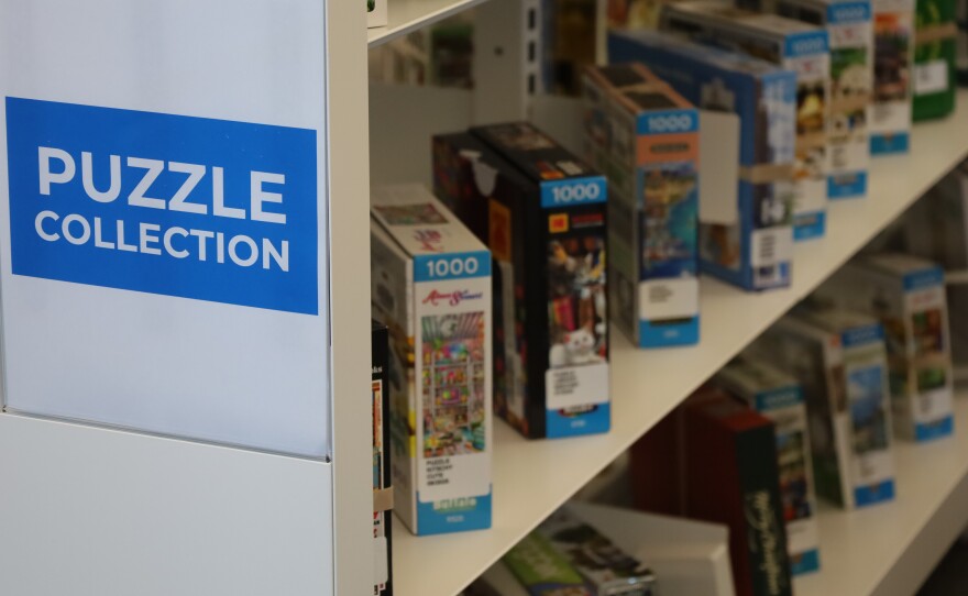 Puzzle Collection Shelf in the Abilene Public Library. Photo by Allison Diaz.