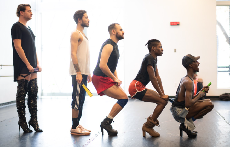 Rehearsal for "Vogue Extravaganza. The dance honors the LTGBTQ ballroom scene.  Dancers from left to right: C.C. Glitzer, Geo Villeta, Justice Rodriguez, Lam Alexander and Randolph Ward.