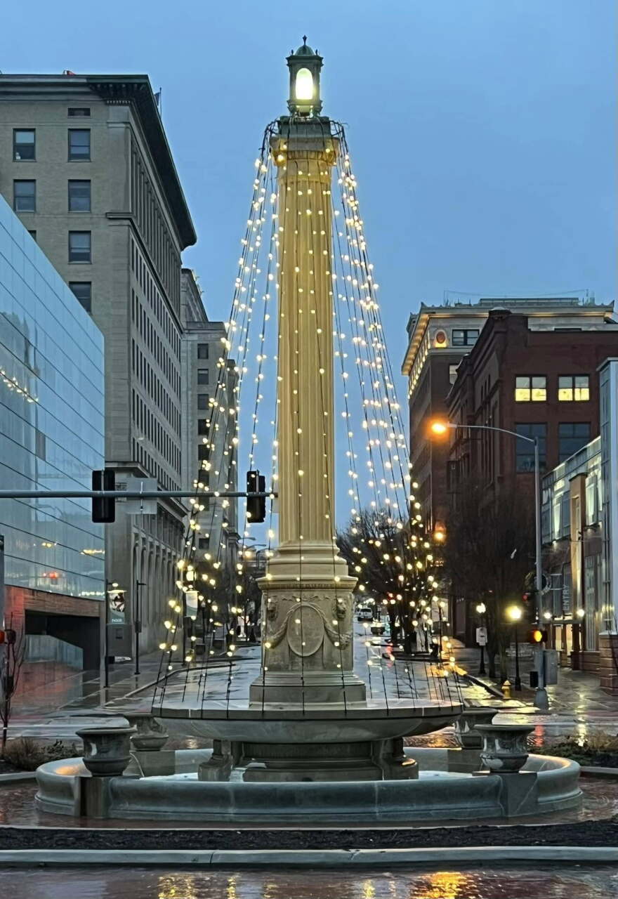 Dillon Memorial Fountain, at the foot of Main Street in downtown Davenport, seen decorated for the holidays in 2023.