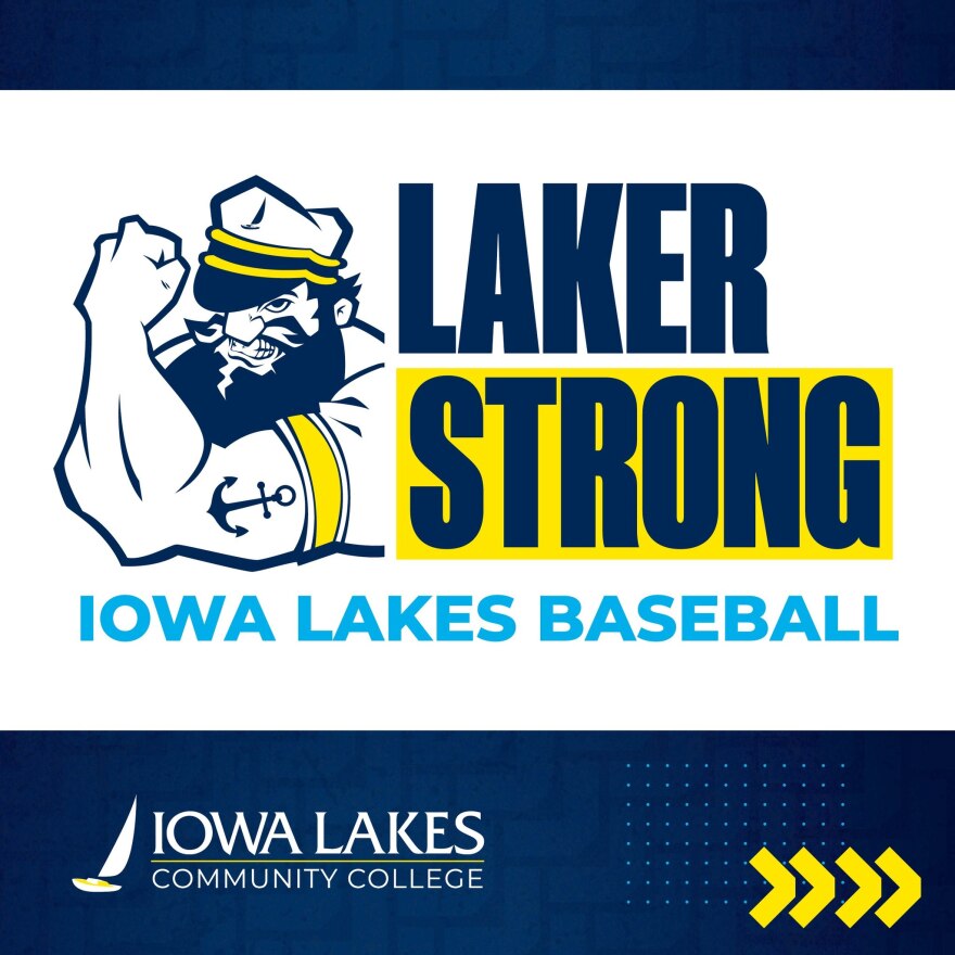 Graphic shows a sailer showing off his arm muscle. It says Laker Strong, Iowa Lakes Baseball