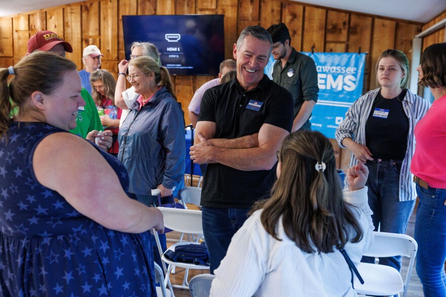 Former Navy SEAL Matt Maasdam participates in a Democratic congressional candidate forum in Owosso, Mich., on June 25, 2026. Former Ambassador to Ukraine Bridget Brink and climate organizer William Lawrence also participated in the forum for Democrats running to take on incumbent U.S. Rep. Tom Barrett, R-Charlotte, in November.