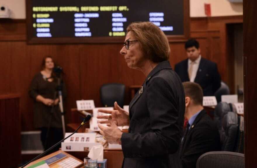 Senate Majority Leader Cathy Giessel, R-Anchorage, speaks in favor of Senate Bill 88 on Wednesday, Jan. 31, 2024, on the floor of the Alaska Senate. (Photo by James Brooks/Alaska Beacon)