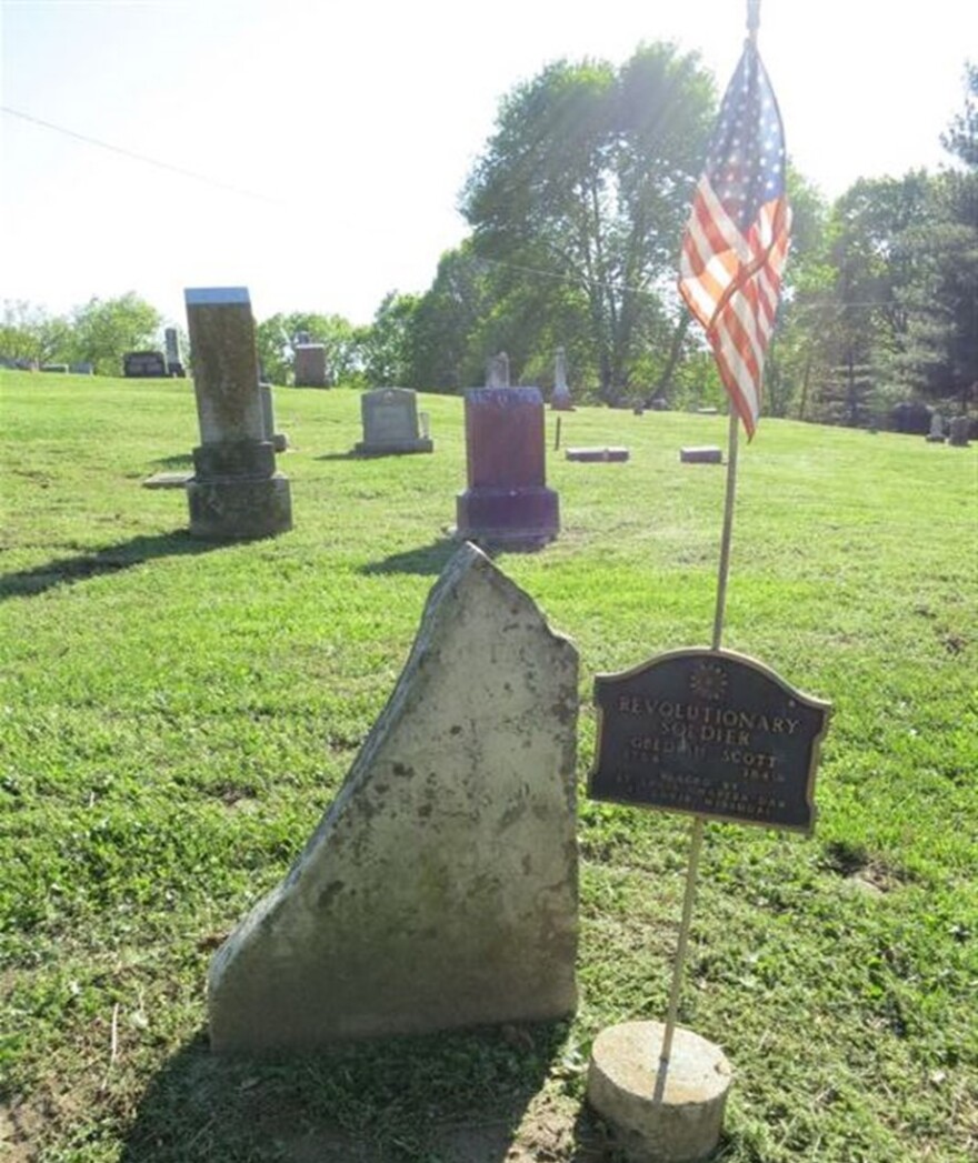 Obediah Scott tombstone with DAR marker relocated to Minnith Cemetery in Ste. Genevieve County, Missouri.