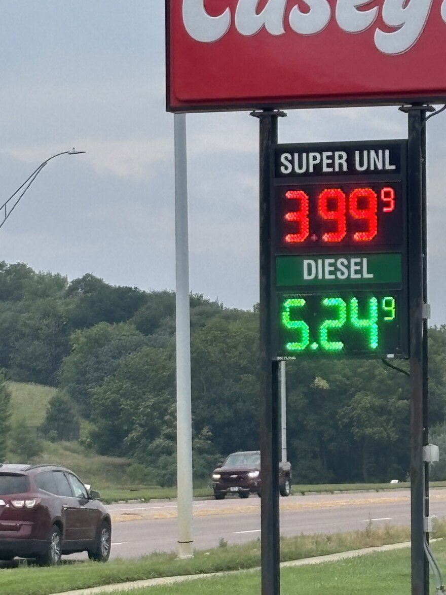 A gas prices sign in Sioux City, Iowa, on August 13, 2026. (Bret Hayworth, Siouxland Public Media News)