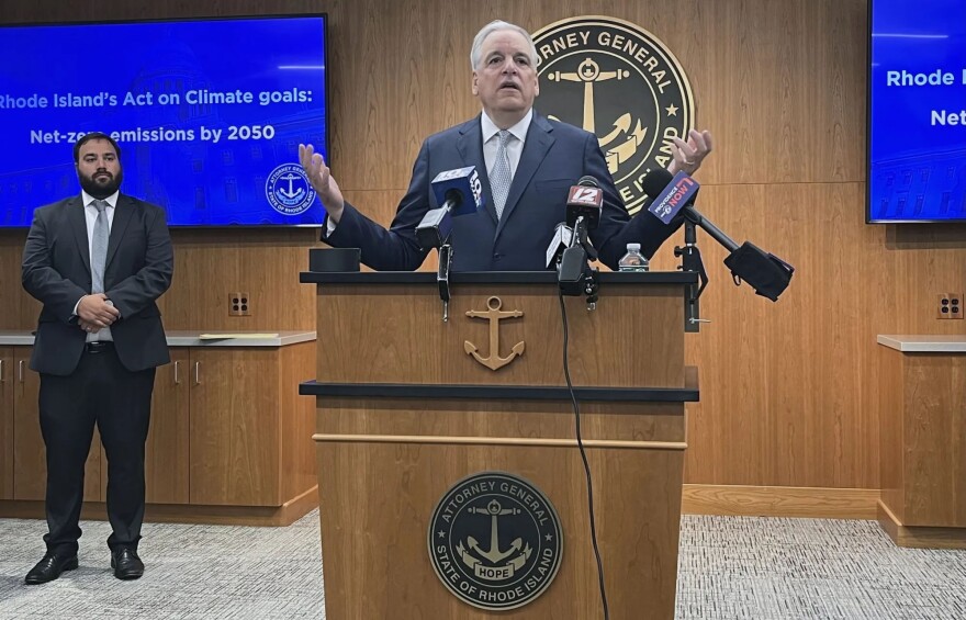 Rhode Island Attorney General Peter Neronha announced a lawsuit against the Trump administration’s Revolution Wind stop-work order on Sep. 4, 2025. Credit: Ian Donnis / The Public's Radio